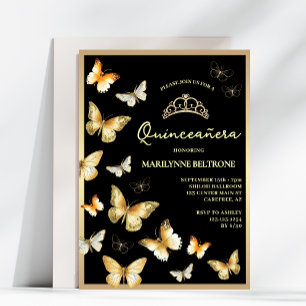 Convites Elegante Borboleta Dourada Preta Quinceañera