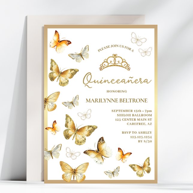 Convites Elegante Borboleta Dourada Quinceañera (Criador carregado)