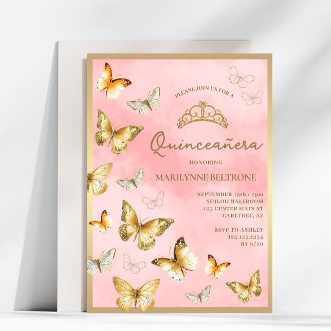 Convites Elegante Borboleta Dourada Rosa Quinceañera (Criador carregado)
