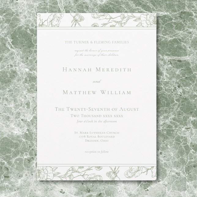 Convites Elegante Borda de Crista de Pássaro com Chinoiseri (Elegant Sage Chinoiserie Bird Crest Border Wedding Invitation)