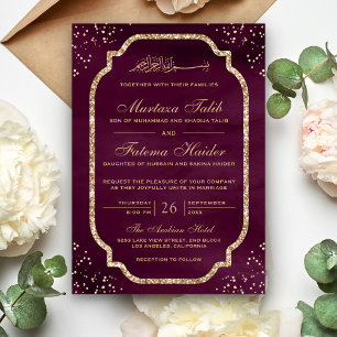 Convites Elegante Borda de Glitter Dourado Casamento Muçulm