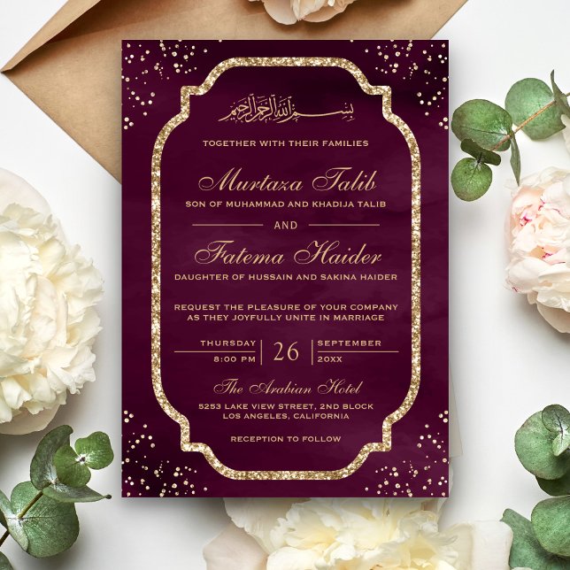 Convites Elegante Borda de Glitter Dourado Casamento Muçulm (Criador carregado)