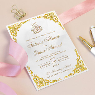 Convites Elegante Borda Dourada Creme Casamento Islâmico Mu