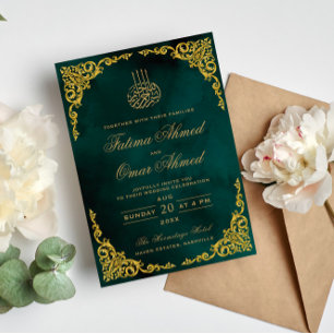 Convites Elegante Borda Dourada Verde Casamento Islâmico Mu