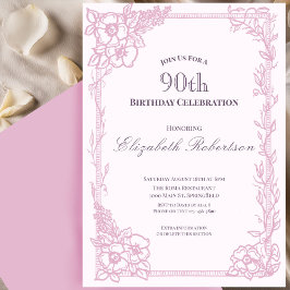 Convites Elegante Borda Floral Rosa Aniversário de 90 anos