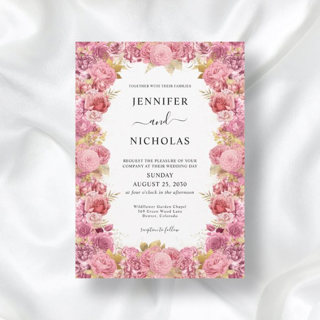 Convites Elegante Borda Floral Rosa Casamento Boho (Criador carregado)