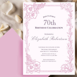 Convites Elegante Borda Floral Rosa para Aniversário de 70