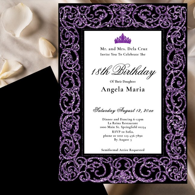 Convites Elegante Borda Roxa 18º Aniversário Debut (Criador carregado)