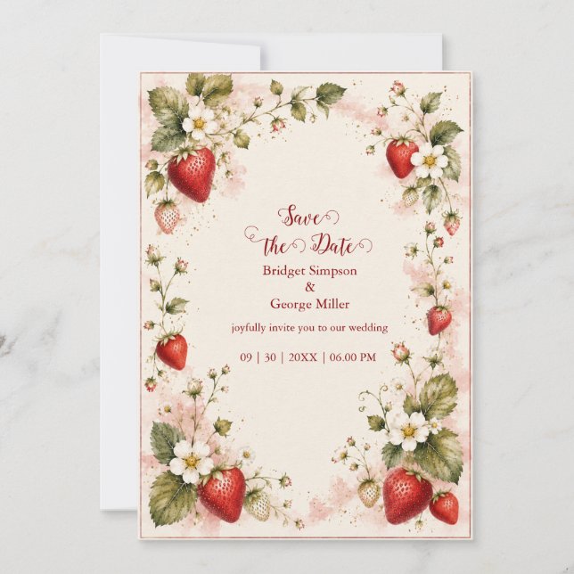 Convites Elegante bordadura floral de casamento com morango (Frente)
