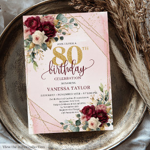 Convites Elegante Borgonha Branca, Rosas Dourados, 80 Anive