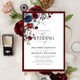 Convites Elegante Borgonha e Marinho Floral Watercolor Scri
