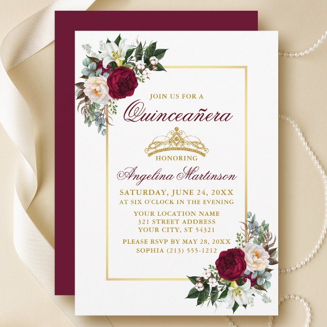 Convites Elegante Borgonha Floral Verde Quinceanera Dourada (Customize to change text color, style, add text & photos to back or change color of back of card.)