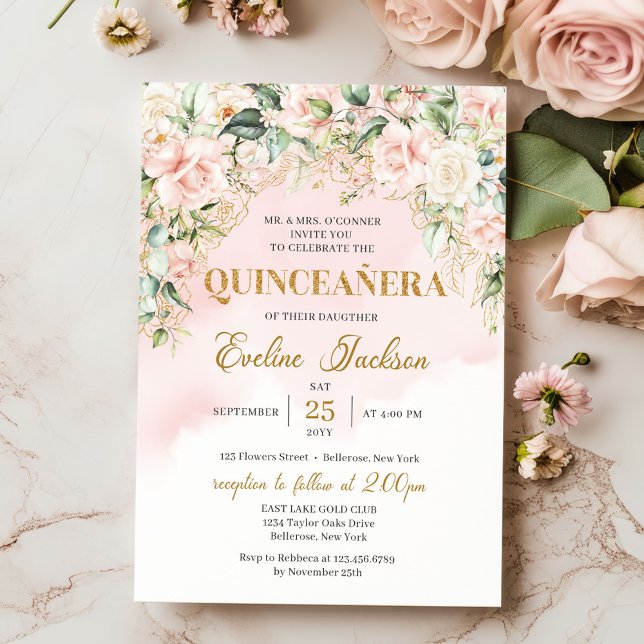 Convites Elegante borrão de ouro floral Quinceañera (Elegant blush pink roses eucalyptus gold sparkles quinceanera invitation digital)