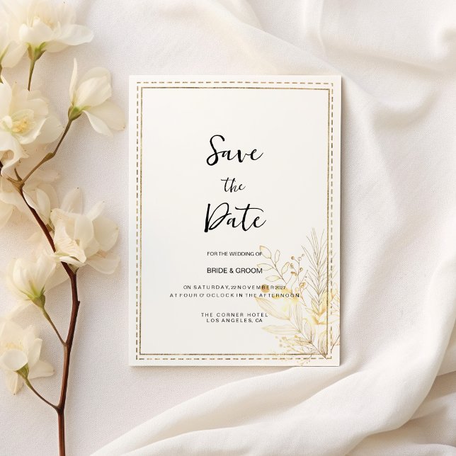 Convites Elegante botânico branco floral Salve a data (Elegant botanical white gold floral Save the Date)