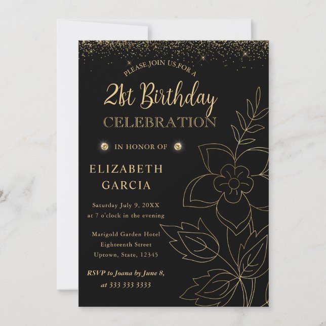 Convites Elegante Botânico Preto e Dourado Aniversário de 2 (Frente)