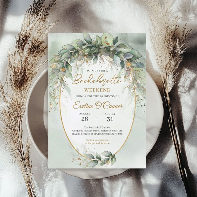 Convites Elegante botânico verde-eucalipto-ouro geométrico (Elegant botanical green eucalyptus gold geometric invitation)