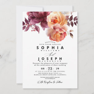 Convites Elegante Bouquet Floral de Borgonha em Aquarela pa