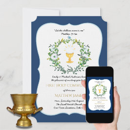 Convites Elegante Boys Marinho Floral Primeira Comunhão Inv