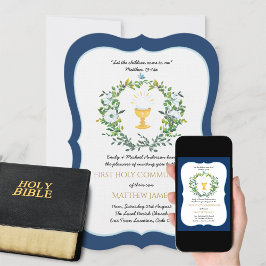 Convites Elegante Boys Marinho Floral Primeira Comunhão Sag