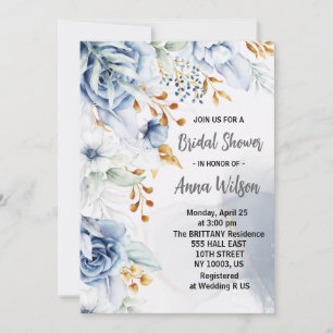 Convites elegante branco azul e dourado floral chá de noiva