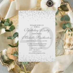 Convites Elegante Branco Cinza Prata Brilho 40º Aniversário