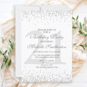 Convites Elegante Branco Cinza Prata Brilho Aniversário de