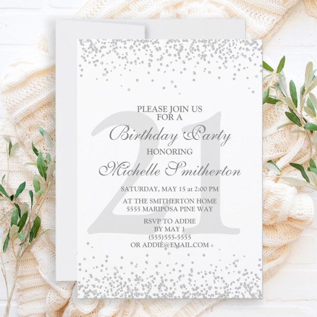 Convites Elegante Branco Cinza Prata Brilho Aniversário de  (Criador carregado)