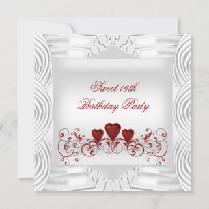 Convites Elegante Branco Corações Vermelhos Sweet 16