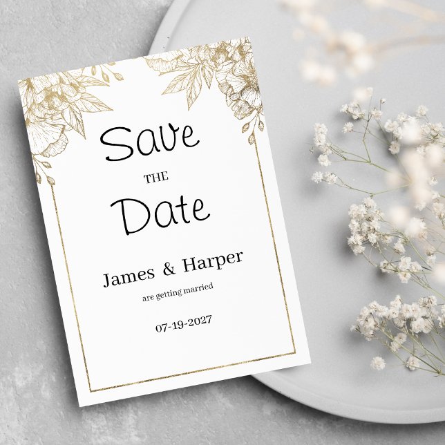 Convites Elegante, branco de luxo e floral de ouro Salve a  (Elegant luxury white and gold floral Save the Date)