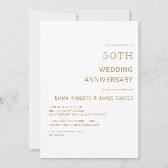 Convites Elegante Branco & Dourado 50º Aniversário  (Frente)