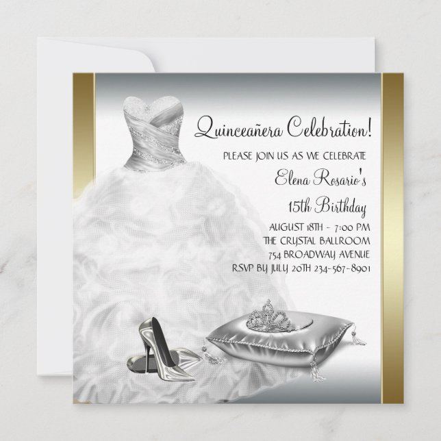 Convites Elegante Branco e Dourado Princesa Quinceanera (Frente)