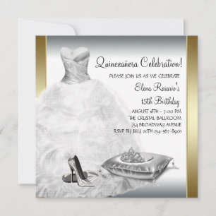 Convites Elegante Branco e Dourado Princesa Quinceanera