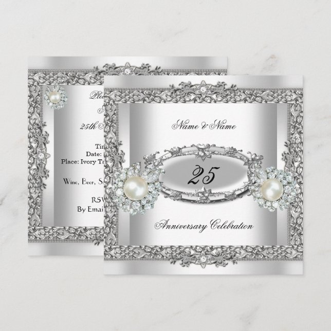 Convites Elegante branco pérola prata renda 2 para aniversá (Frente/Verso)