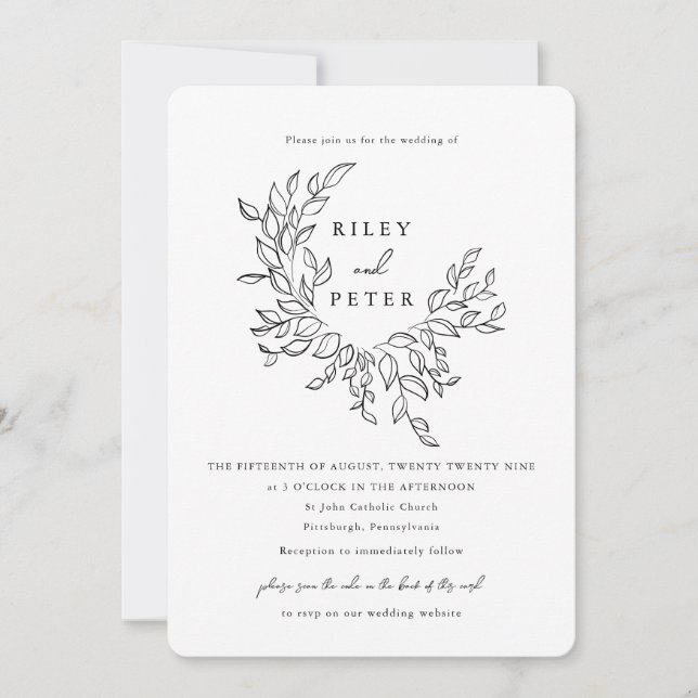 Convites Elegante Brasão Botânico com Código RSVP Casamento (Frente)