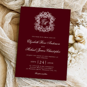 Convites Elegante Brasão de Casamento Monograma Burgundy