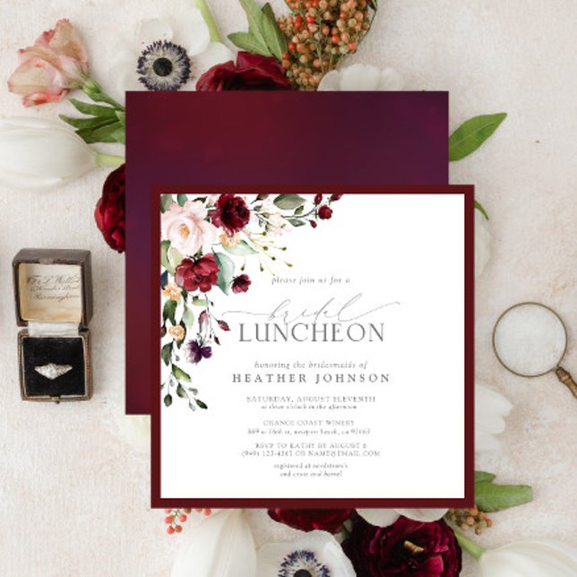 Convites Elegante Bridal Luncheon Floral Burgundy (Criador carregado)