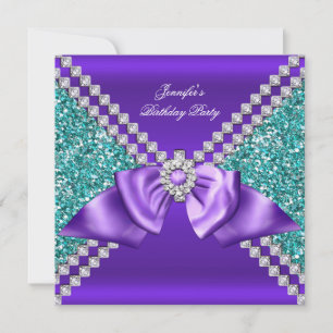 Convites Elegante Brilho Azul Teal Roxo Diamante Aniversári