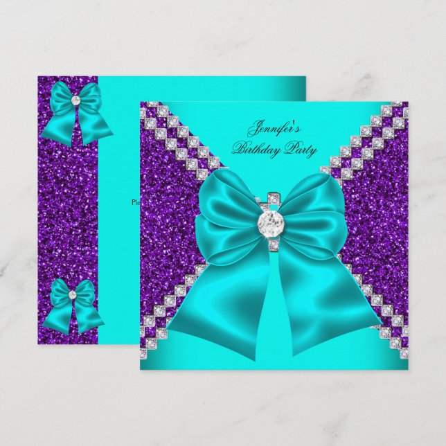 Convites Elegante Brilho Azul Turquesa Roxo Diamantes Anive (Frente/Verso)
