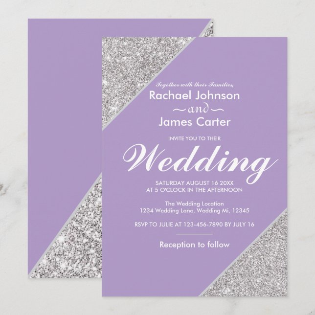 Convites Elegante brilho de prata moderno na Lavanda (Frente/Verso)