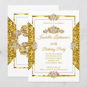 Convites Elegante Brilho Dourado Branco Festa de Aniversári