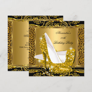 Convites Elegante Brilho Dourado Glamour Salto Alto Leopard