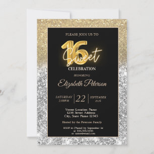 Convites Elegante Brilho Dourado Prata Bokeh Sweet 16