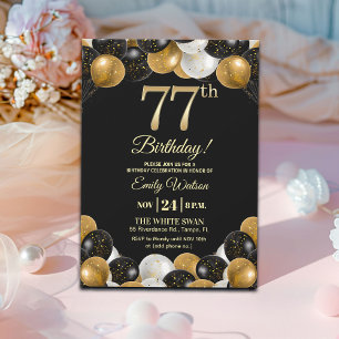 Convites Elegante Brilho Dourado Preto Aniversário de 77 an