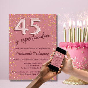 Convites Elegante Brilho Dourado Rosa Aniversário de 45 ano