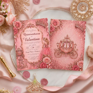 Convites Elegante Brilho Dourado Rosa Princesa Quinceañera
