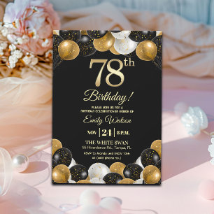 Convites Elegante Brilho Preto Dourado Aniversário de 78 An