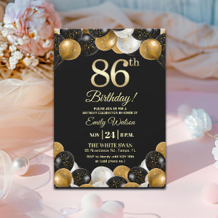 Convites Elegante Brilho Preto Dourado Aniversário de 86 an