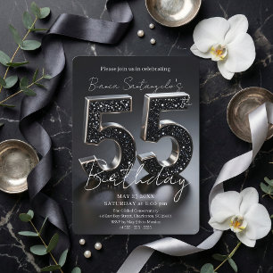 Convites Elegante Brilho Preto e Prata Aniversário de 55 an