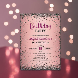 Convites Elegante Brilho Preto Metálico Rosa Aniversário de