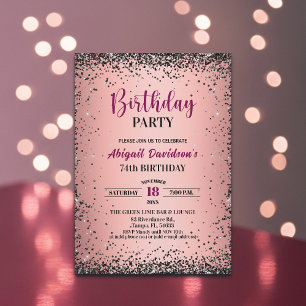 Convites Elegante Brilho Preto Metálico Rosa Aniversário de